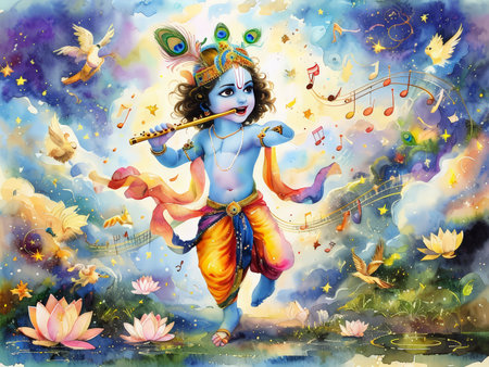 A vibrant depiction of a young Krishna playing the flute amidst musical notes and birds.の素材