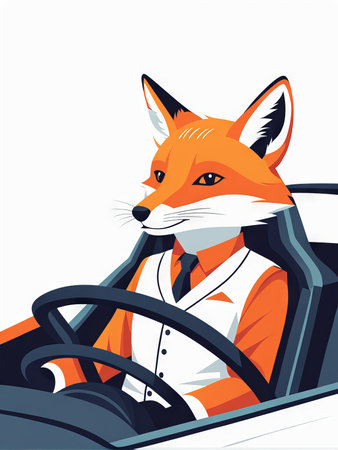 illustration of a fox in car on white backgroundの素材