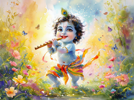 A young Krishna playing the flute amidst a vibrant garden with butterflies and flowers.の素材