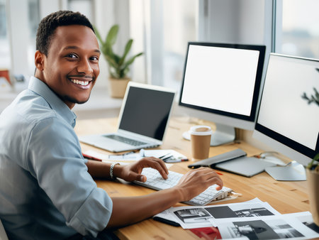 A cheerful man working at a desk with multiple monitors and documents.の素材