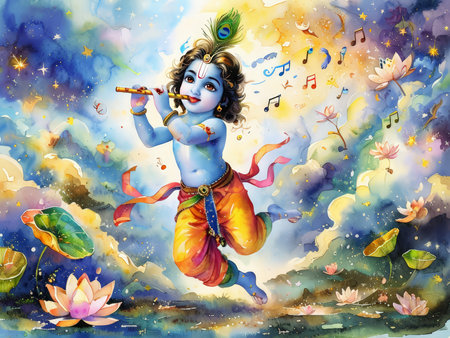 A vibrant depiction of Lord Krishna playing the flute amidst a magical landscape.の素材