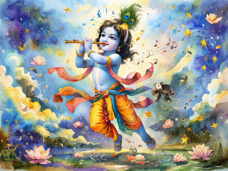 A vibrant depiction of a young Krishna playing the flute amidst magical elements.の素材