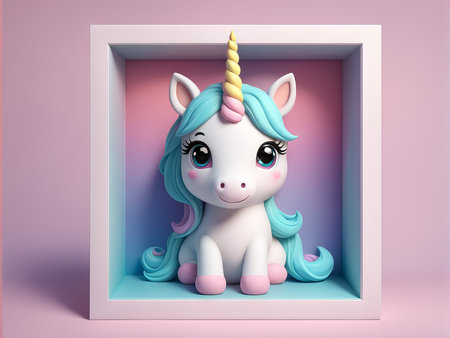 cute unicorn with blue eyes and gift box. 3d illustrationの素材