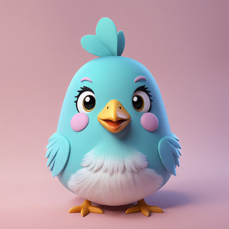 cute little chicken with a bird on blue background.cute background.の素材