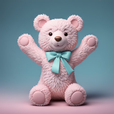pink teddy bear with bow and bear. isolated on blue background. 3d illustrationの素材