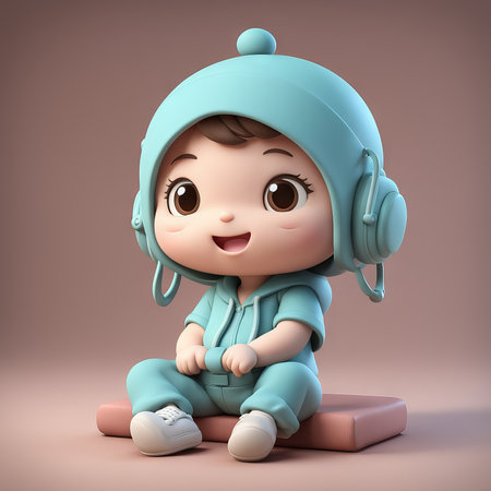 3d illustration of cute baby in headphonesの素材