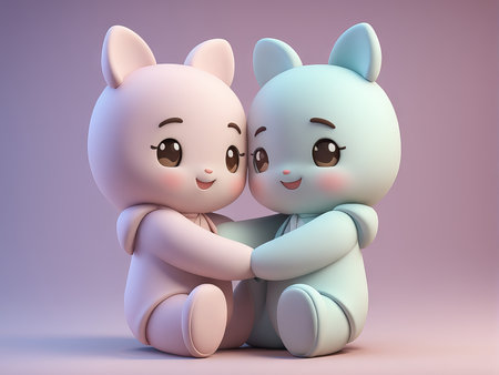 3d of cute cartoon characters holding a white bunnyの素材
