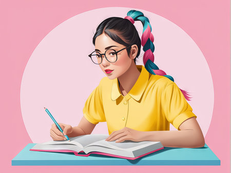 young girl with a book and glassesの素材