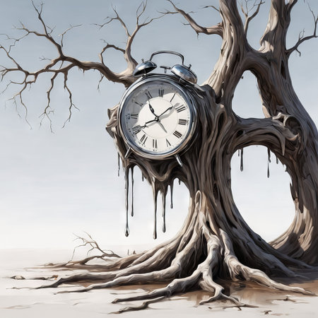 a vertical shot of white and black tree with alarm clock on the groundの素材