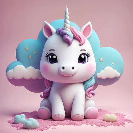 unicorn with a big blue eyes. cute animal in the sky, 3d illustration.unicorn illustration.の素材