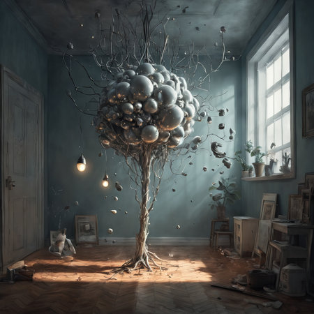 a vertical shot of tree in dark roomの素材