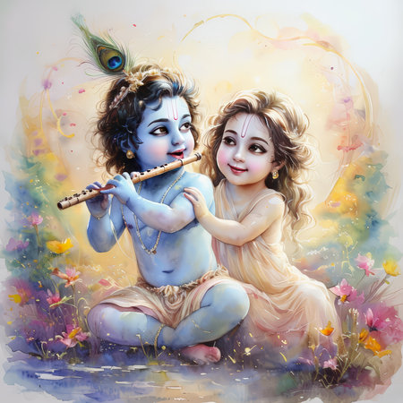 A painting depicting a young Krishna playing the flute with Radha beside him in a serene setting.の素材