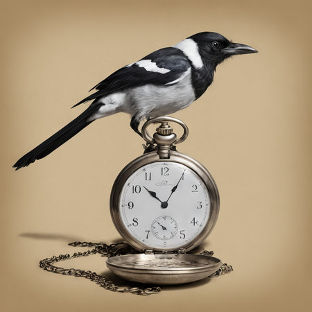 vintage black and white alarm clock with bird on a gray backgroundの素材