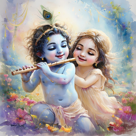 A young boy with blue skin plays a flute while sitting beside a girl in a field of flowers.の素材