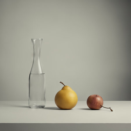 glass vase and apple on table. 3dの素材