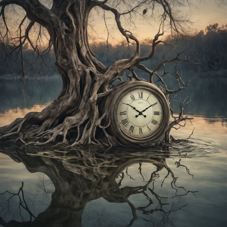 a vertical closeup shot of tree with clock in the middle foresta forestの素材
