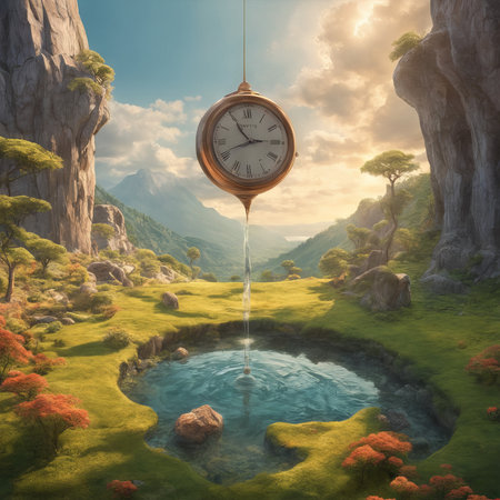 3d illustration of a fantasy landscape with wooden clock in the middle mountainの素材
