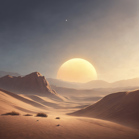 3d of a fantasy landscape with beautiful planet in the eveningの素材