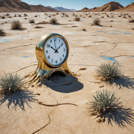 a vertical shot of golden clock in the desert with sand and dry ground backgroundの素材