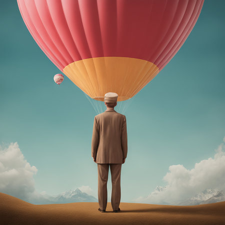 businessman with vintage suitcase standing on top of mountain and looking at sunset sky background.businessman background.の素材