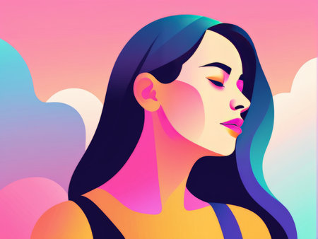A stylized digital illustration of a woman with blue and pink hues against a pastel backgroundの素材