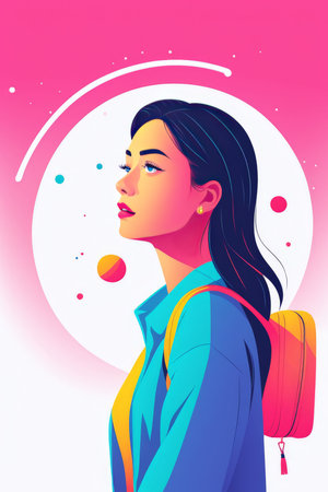A modern illustration of a young woman with expressive features and colorful attireの素材