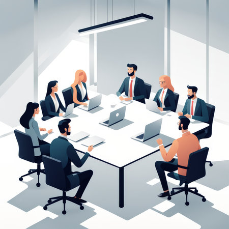 A diverse professional team engaged in a meeting with laptops and documentsの素材