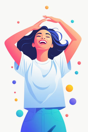 An animated depiction of a joyful woman with flowing hair surrounded by colorful orbs representing happiness and positivityの素材