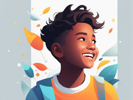 A joyful young man in a colorful jacket looking upward with autumn leaves swirling around himの素材