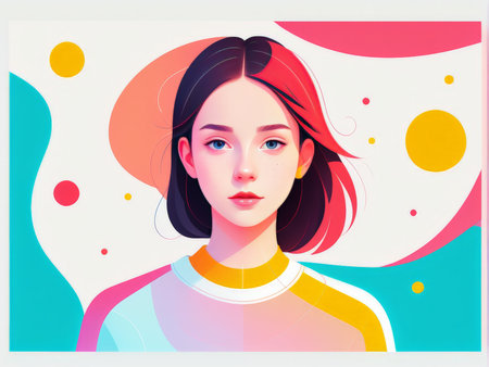 A contemporary digital illustration of a woman with stylized hair and colorful background shapesの素材