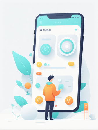 A person using a smartphone with various application interfaces displayed on the screenの素材