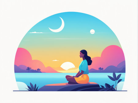 A serene moment of meditation during sunset over a tropical landscapeの素材