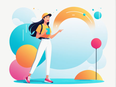 A cheerful woman pointing towards a colorful background with abstract shapes and balloonsの素材