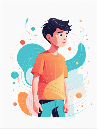 A thoughtful young boy amid swirling colors of creativityの素材