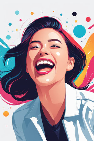 beautiful asian woman smiling and laughing in a rainbow colorsの素材