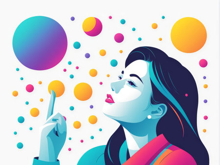 A stylized illustration depicting a woman pointing at colorful bubblesの素材