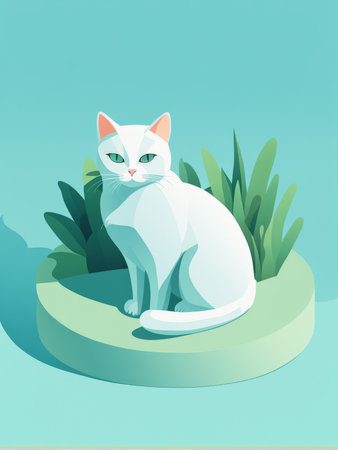 A white cat with green eyes and pink ears sits amidst a circle of green plants on a blue backgroundの素材