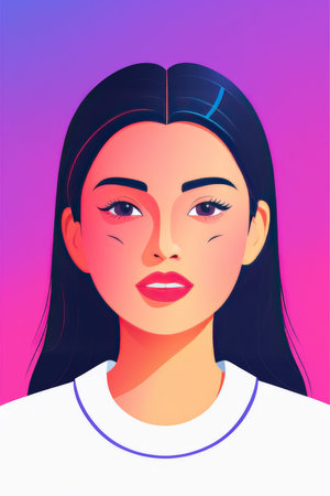 A stylized illustration of a young woman with digital elements in the backgroundの素材