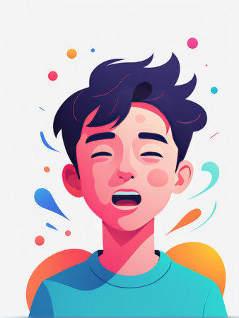 A cheerful animated depiction of a young person expressing joyの素材