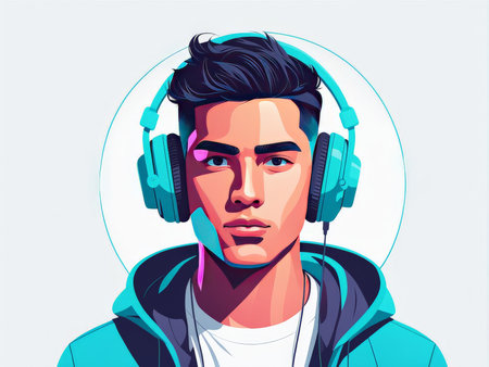 Modern stylized illustration of a young man with headphonesの素材