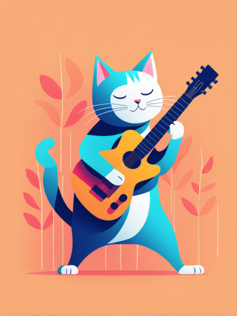 A serene blue cat playing a guitar with closed eyes and content expressionの素材