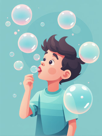 A young boy blowing bubbles with a cheerful expressionの素材