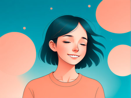 A cheerful young woman with closed eyes enjoying a serene moment against a calming backdrop of pastel colorsの素材