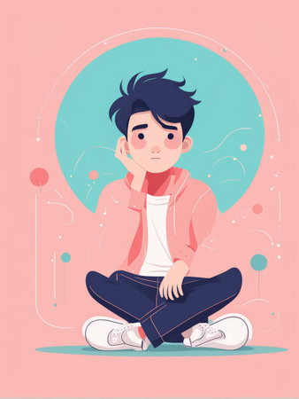A thoughtful young man in a pink jacket and blue jeans sitting crosslegged on the floorの素材