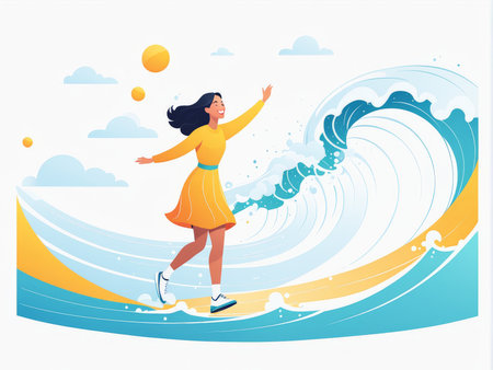 A woman joyfully surfing a wave in an illustration of vivid colorsの素材