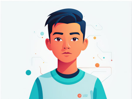 A stylized illustration of an Asian teenager in casual clothingの素材