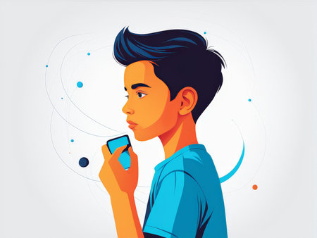 A young man with a smartphone in hand appears contemplative against an abstract backgroundの素材