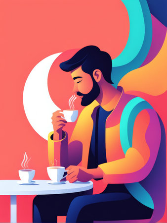 A man enjoying coffee while standing next to a glowing crescent moon in an abstract illustration with vibrant colorsの素材