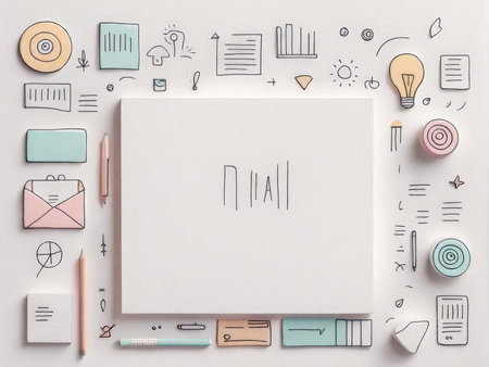 A conceptual representation of data and analytics with various icons surrounding a blank canvasの素材