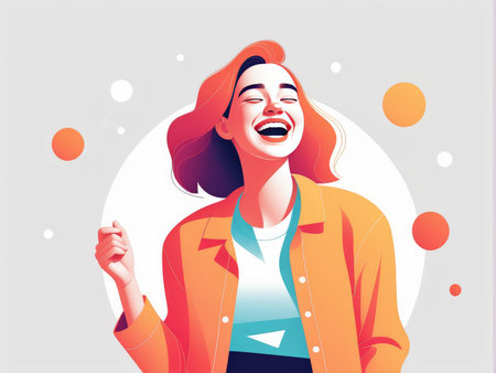 An animated female figure exuding joy and excitement with colorful elements around herの素材